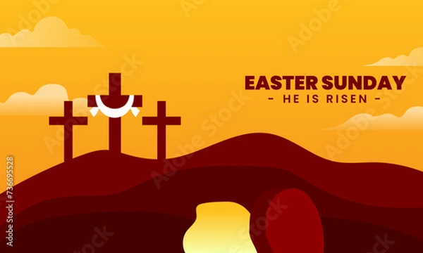 Obraz Easter sunday resurrection day scene vector. Combining the shape of the Golgotha ​​hill and the open tomb of Jesus. Very suitable for Easter.