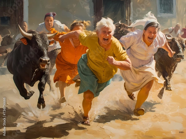 Fototapeta AI-Generated Image illustrating the excitement and fear of participants as they dash ahead of a charging bull in a traditional run