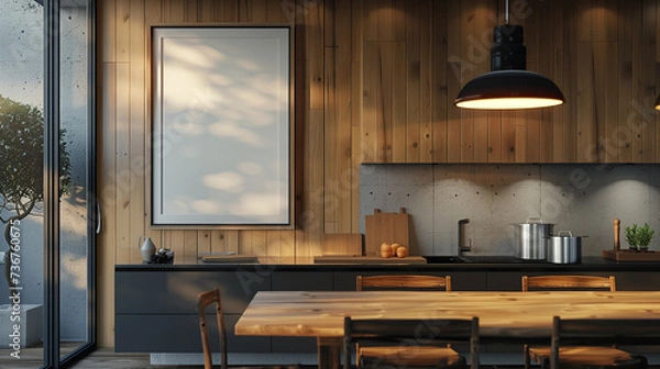 Fototapeta photo of a modern kitchen with large oakwood dining table and a empty frame hanging on the wall