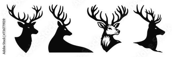 Fototapeta Collection of black deer icons.Logo of deer.Deer simple icon.Reindeer vector symbols.Set of deers.