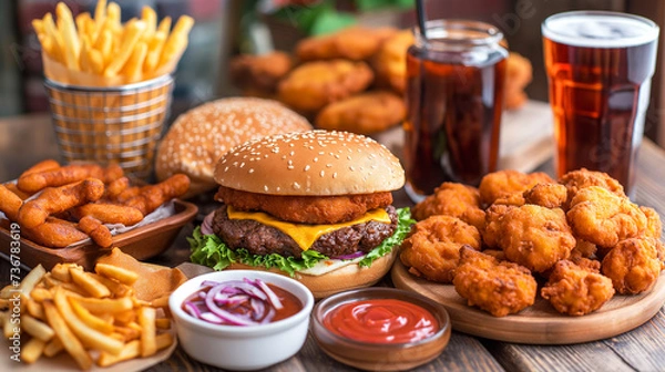 Fototapeta cheeseburger, fries, chicken fingers, chicken nuggets, onion rings, two glasses of beer, ketchup, and sliced onions on a wooden table