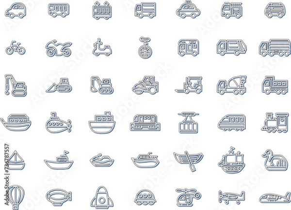 Fototapeta 様々な乗り物のカラーシャドウアイコンセット　青