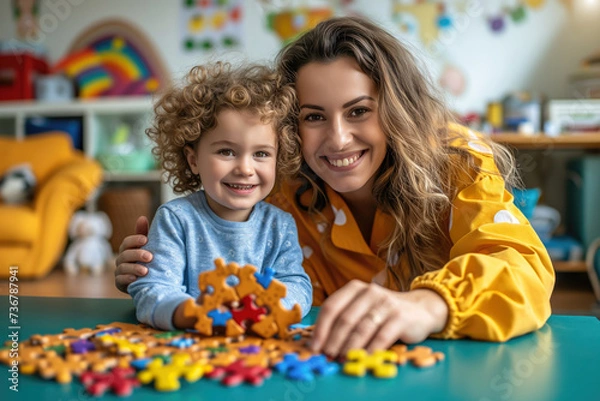 Fototapeta a child in class with a psychologist, a consultation with a pediatric neuropsychologist. Autism Day, an autistic child, psychological counseling for children. educational activities for children