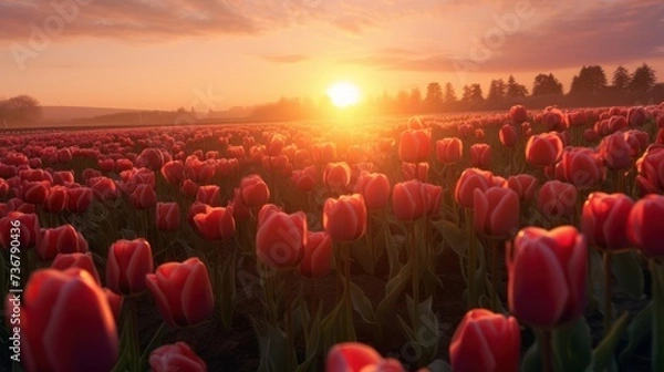 Obraz landscape view of sunrise in a tulip field