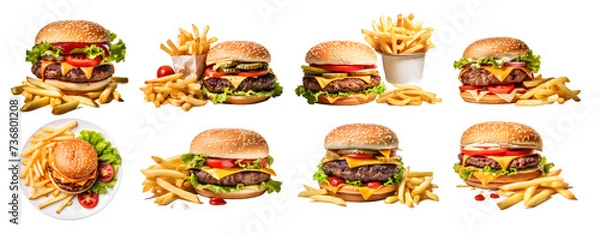 Fototapeta Hamburger and French Fries isolated on a transparent PNG background, white background , Generative Ai