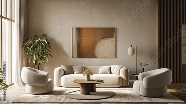 Fototapeta Trendy modern airy living room interior design with white couch and table in minimalistic Danish design style with natural colors and wooden elements