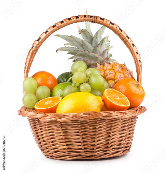 Obraz ripe fresh fruits in a basket isolated on white background