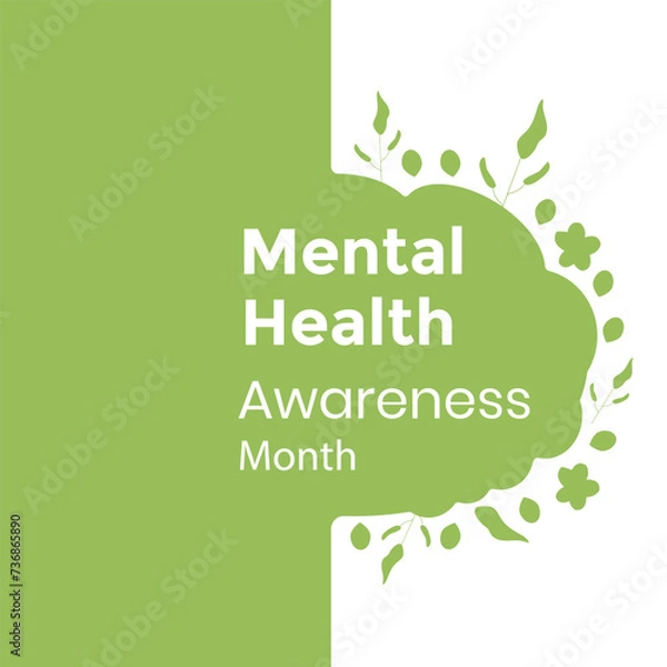 Fototapeta  Mental health text, green and white background with leaves vector illustration