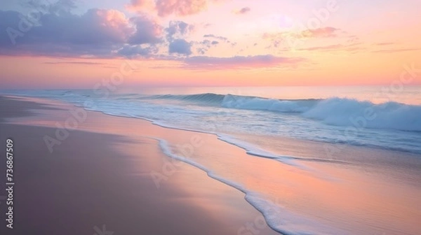 Fototapeta Sunrise Serenity: tranquil beauty of a sandy beach at sunrise, with soft pink and orange hues illuminating the sky and reflecting off the gentle ocean waves, nature