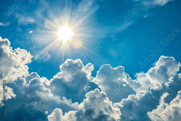 Fototapeta "Azure Radiance" Capture the brilliance of a bright sun illuminating the sky,  crisp white clouds, encompassing the expansive sky