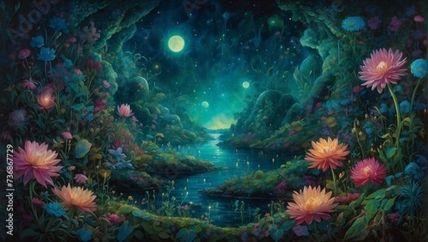 Fototapeta In a fantastical realm of distant galaxies, nestled amidst floating celestial bodies, exists an enchanting bioluminescent space oasis.