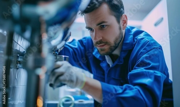 Fototapeta Plumber in blue suit checking or fixing water tubes in heating system in technician room
