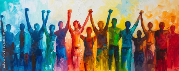 Fototapeta A diverse group of individuals standing in solidarity with their fists raised, set against the backdrop of a vibrant, bustling city.