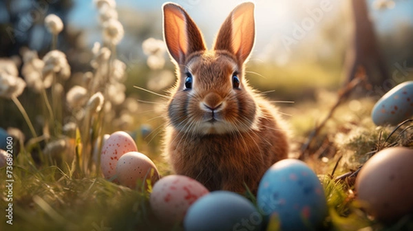 Fototapeta Easter bunny with colorfully colored Easter eggs in the field - greeting card - Easter eggs colorfully painted by children