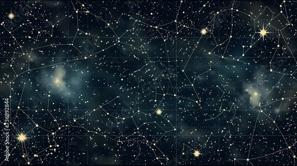 Fototapeta Starry night sky map with constellation lines and nebula clouds