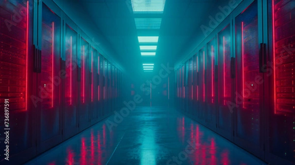 Fototapeta The Silent Corridor: A Dark, Mysterious Pathway Illuminated by Technologys Glow, Echoing the Quiet Before the Digital Storm