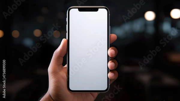 Fototapeta Smartphone held in hand, mockup with large display for modern phone app for template design | Generative AI
