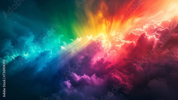 Fototapeta Dramatic clouds part to reveal a rainbow's vibrant splendor. AI Generative.