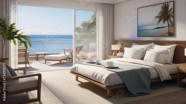 Fototapeta Modern hotel room suite with big bed, plants and big window with lots of light, sunshine and sea view on vacation