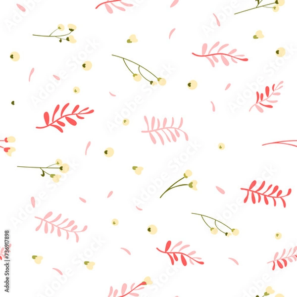 Fototapeta Botanical seamless pattern hand drawn. White background with delicate flowers and leaves. Minimalist style. Vector illustration.