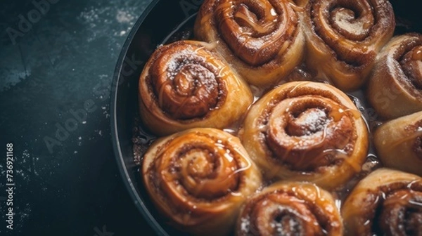 Fototapeta a pan filled with cinnamon buns sitting on top of a black counter next to a bowl of powdered sugar.