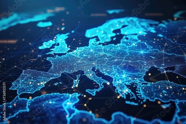 Fototapeta Abstract digital map of Western Europe, concept of European global network and connectivity, data transfer and cyber technology, information exchange and telecommunication