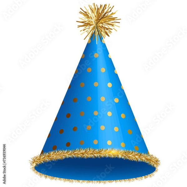 Fototapeta Blue party hats with pattern of dots. Mockup of cap for birthday, Christmas, festive celebration isolated on transparent background.