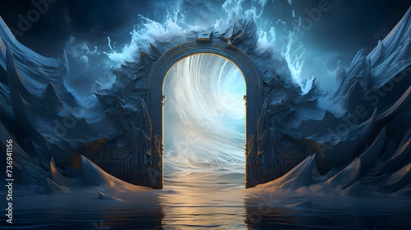 Fototapeta the door has an iridescent surface, in the style of surreal 3d landscapes, luminosity of water