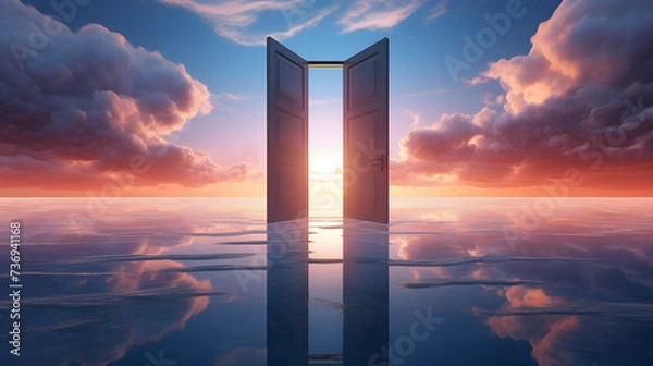 Fototapeta the door is transparent, in the style of futuristic surrealism, luminosity of water, ethereal cloudscapes, chrome-plated, colorful surrealism, confessional