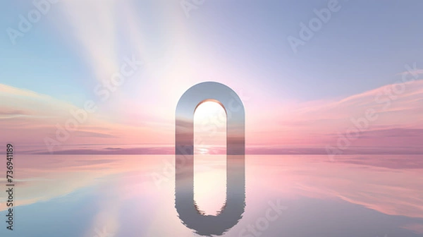 Fototapeta the door opens into a rainbow sky, in the style of conceptual sculpture, sparkling water reflections, minimalistic modern