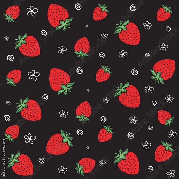 Fototapeta Seamless black background with red strawberries.  Perfect for wallpapers, pattern fills, web page backgrounds, surface textures, textile.  Fruit background.  Vector illustration