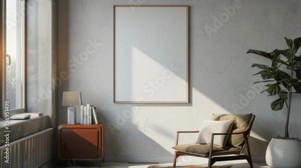 Fototapeta Mockup poster frame close up on wall, 3d render. Generative Ai