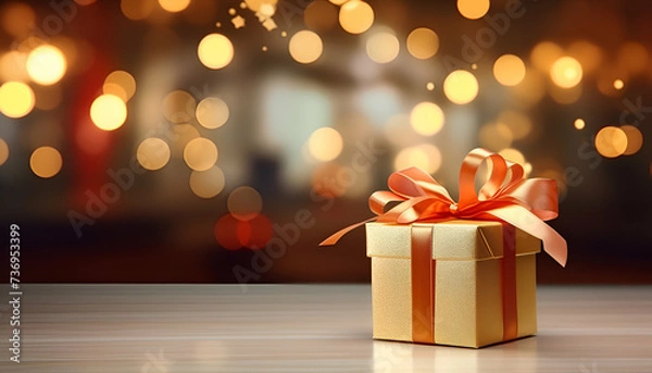 Fototapeta Gift box with bow on wooden table. bokeh background