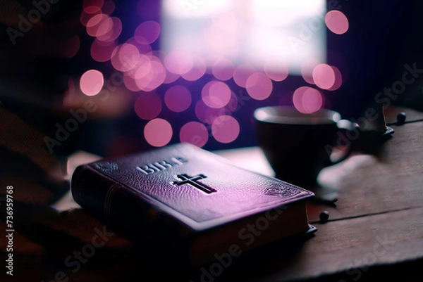 Obraz A bible on the table with the purple background