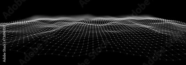 Fototapeta Wireframe Landscape Wire with Depth of Field Effect. 3D Topographic map background concept. Geography concept. Wavy backdrop. Space surface HUD Design Element.