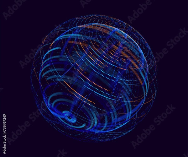 Fototapeta Abstract Neon 3D Tech Sphere. Global Network Connections. Cyberpunk Globe Grid HUD Design Element. Futuristic Earth Hologram. Vector Technology Sci Fi Illustration.
