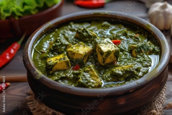 Fototapeta Palak paneer curry with rustic kitchen background