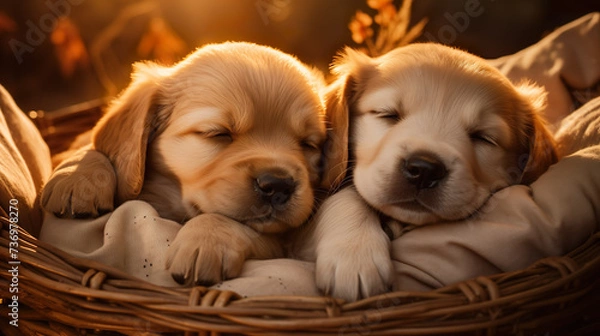 Fototapeta Cute puppies cuddling in a small basket - soft fur of small cute dogs | Generative AI