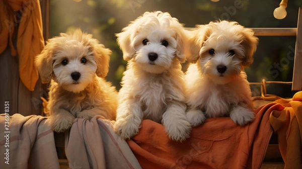 Fototapeta Cute puppies cuddling in a small basket - soft fur of small cute dogs | Generative AI