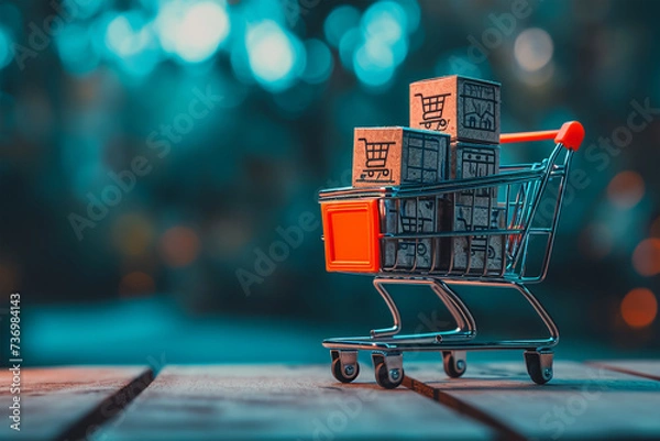Fototapeta Shopping cart with colorful wooden cube block, online shopping concept 