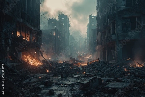 Fototapeta Post-apocalyptic abandoned city. Destroyed buildings, burning rubble, polluted water and air. Devastated remains of post-apocalyptic terrain