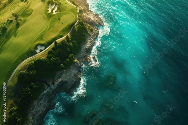 Obraz A resort golf course by the ocean, on a beautiful sunny day. A long hole par 5 hole by the sea shore. aerial shot