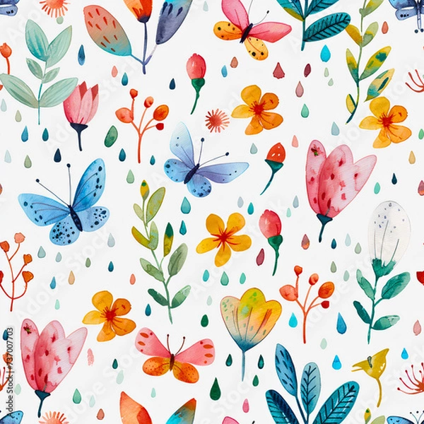 Fototapeta Butterfly Ballet, Butterfly Whisper, Spring Awakening, Spring Rain Melody, Spring Serenade, Seamless Floral Pattern, Wildflower, Created using generative AI