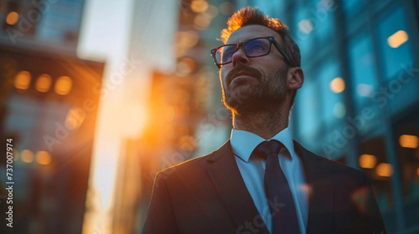 Fototapeta businessman in the city. Business photo composition, simple business background. Generative AI