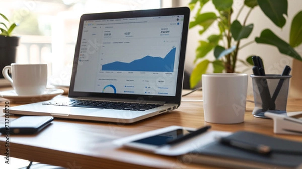 Fototapeta laptop and coffee. Business photo composition, simple business background. Generative AI