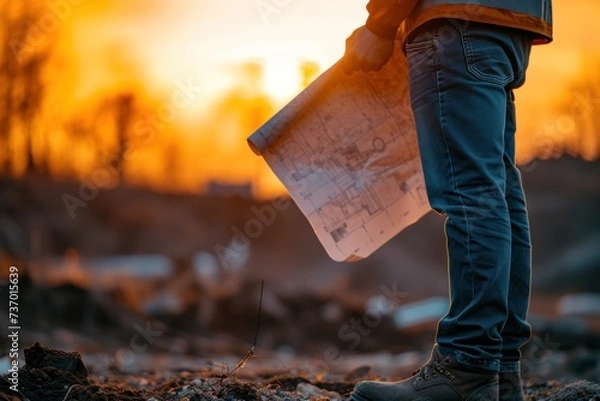 Fototapeta A male architect or engineer looking at the blueprint Plan and check blueprints on construction site at sunset.