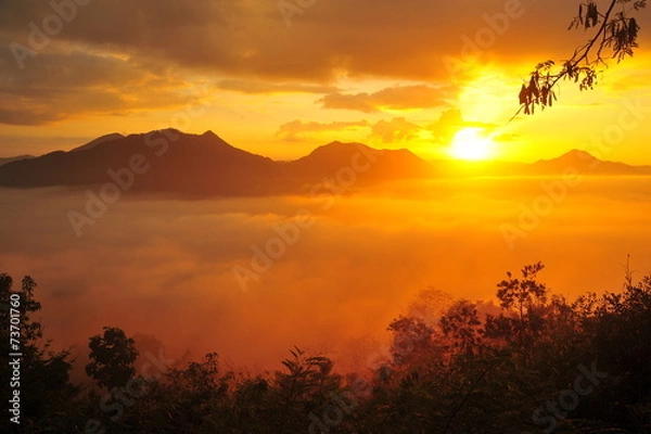 Fototapeta Mountain Landscape in the Mist at Sunrise