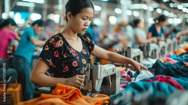 Obraz 裁縫工場で働くアジア系の女性
