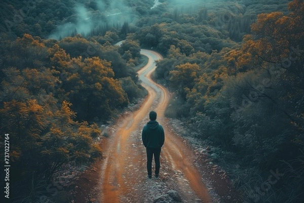 Obraz dilemma of choice with an image of a person standing at a crossroads, surrounded by multiple paths leading in different directions