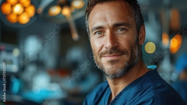 Fototapeta Focused Surgeon in a Blue Scrub Cap in the Operating Room